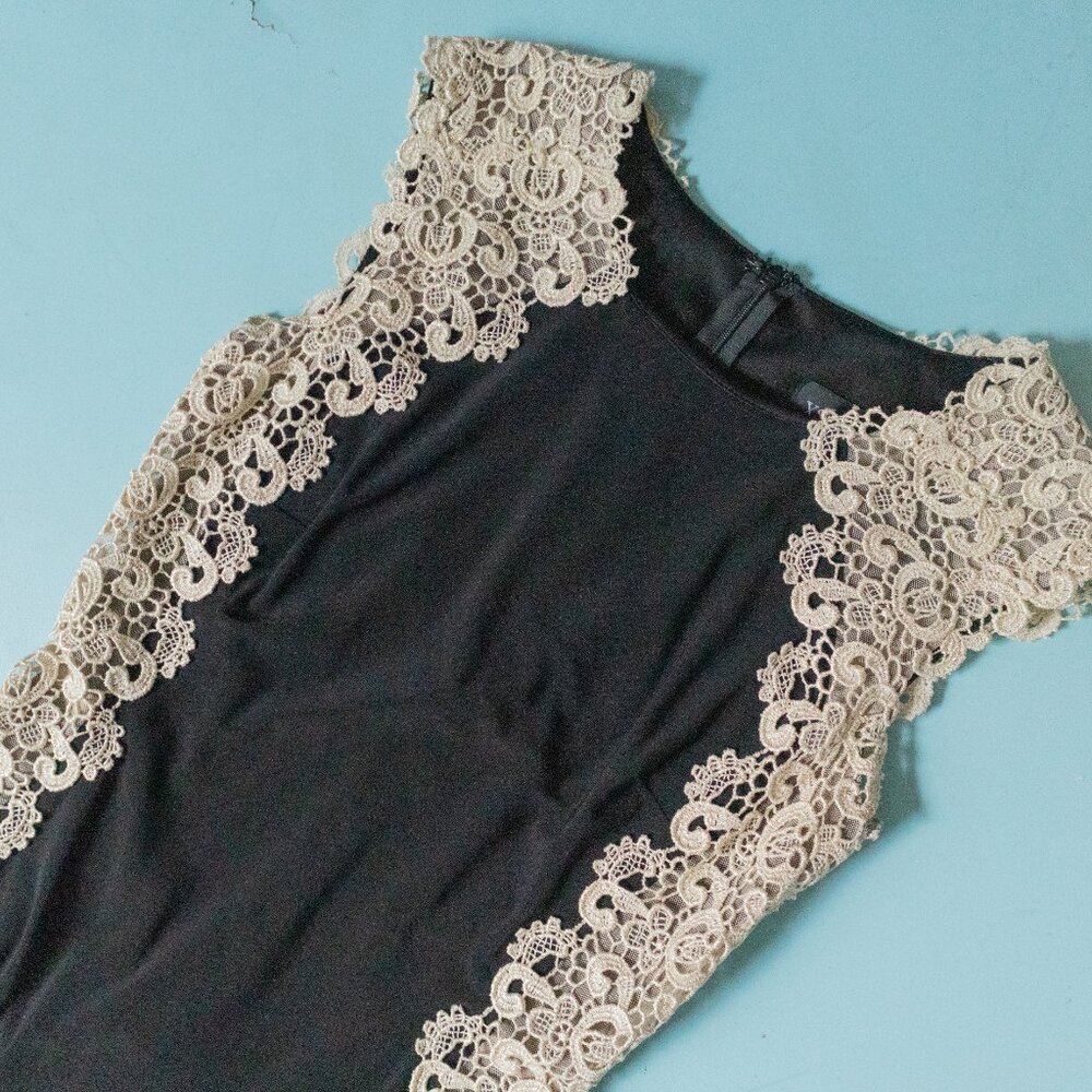 Xscape Black Gold Lace Stretch Fit Sleeveless Sheath Dress Size 4 - Picture 3 of 11